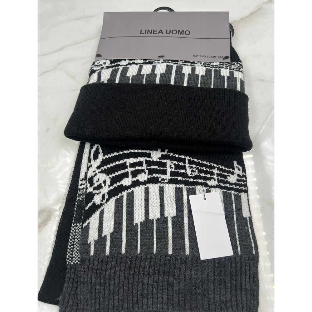 Linea Uomo Hat and Scarf Set Black Grey White Piano Keys Musical Notes New